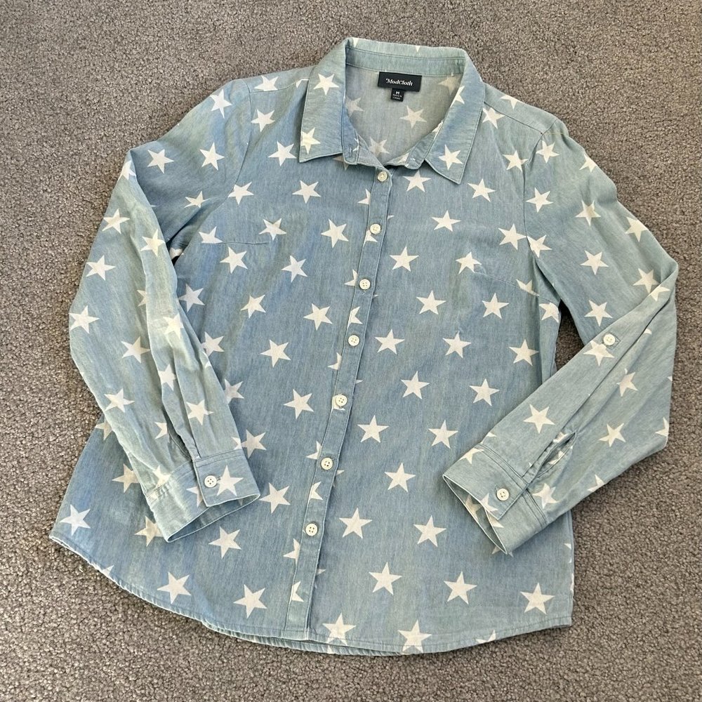 - ModCloth Retro Long Sleeve Top with Stars Print 100% Cotton Chambray MED - T10
